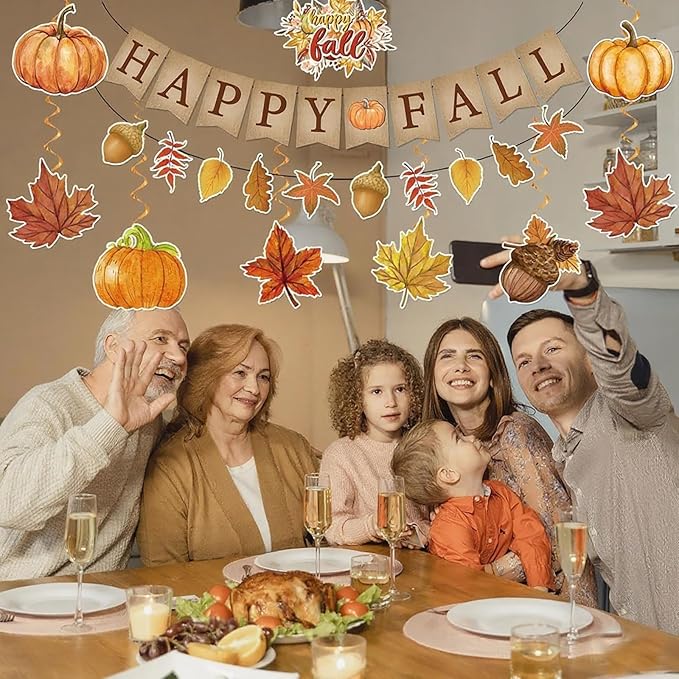 Fall Party Decorations/Happy Fall Banner with Maple Leaves Garland Fall Thanksgiving Day Decorations with Hanging Leaf Swirls, Maple Leaf Garland, Pumpkin Acorn Autumn Theme Party Decor Bunting