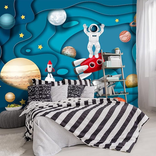 '-Kindergarten Children Galactic Planet Fabric Wallpaper Living Room Bedroom Boys Girls Children Cartoon Astronauts Large Mural- 183"x120"（ not Peel and Stick）