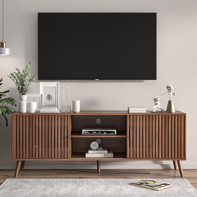 Mid Century Modern TV Stand for Televisions up to 70 Inches, with Sliding Doors and Storage, Television Stands, TV Consoles, Media Consoles for Living Room, 63 Inch (Walnut)