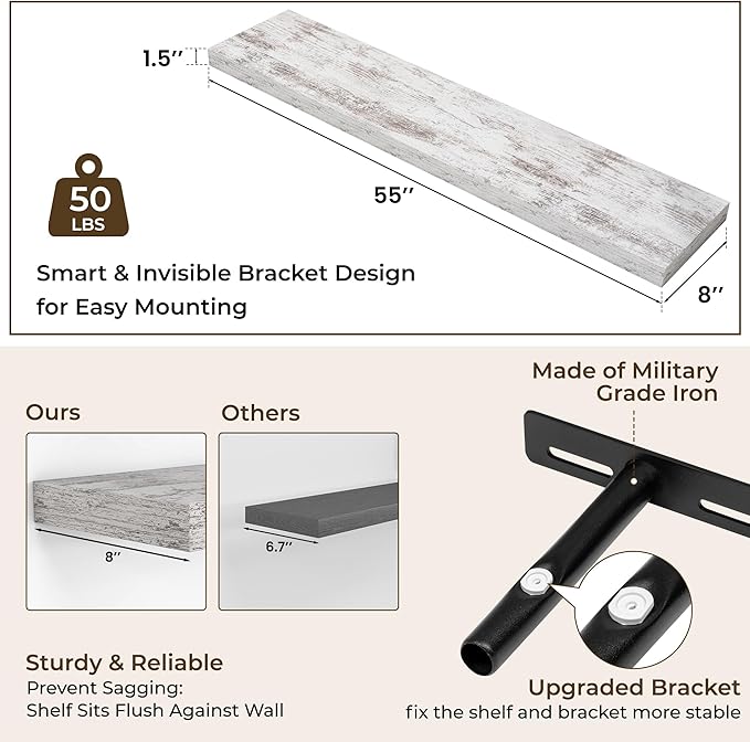RICHFOCUS 55Inch Floating Shelves for Wall 2 Pack Shelves for Bedroom|Kitchen|Bathroom Wall Mounted Rustic Distressed Wood Floating Shelf with Invisible Brackets for Books|Storage|Decor, Rustic