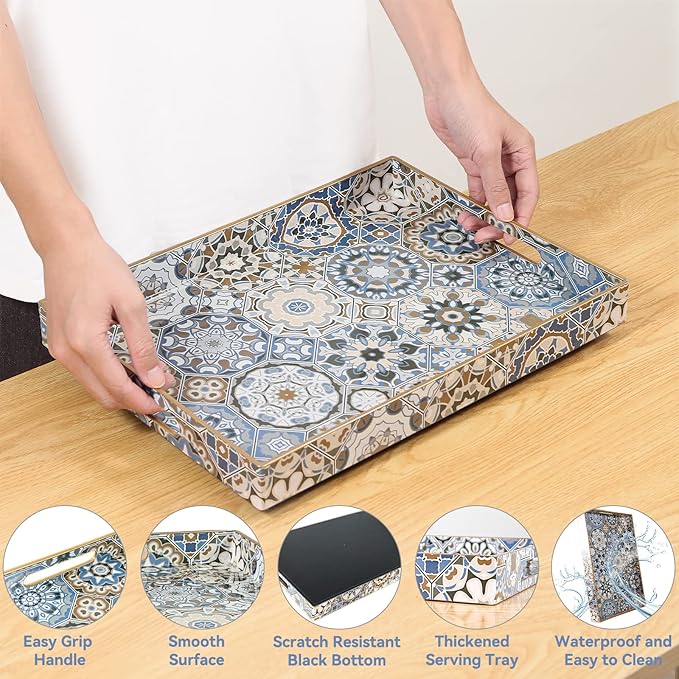 2 Pcs Serving Tray with Handles Bohemian Decorative Tray Large Ottoman Trays for Living Room Blue Coffee Table Trays for Breakfast