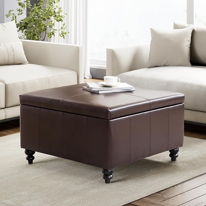 HUIMO Square Leather Storage Ottoman,Ottoman Coffee Table with Storage for Living Room (Brown)