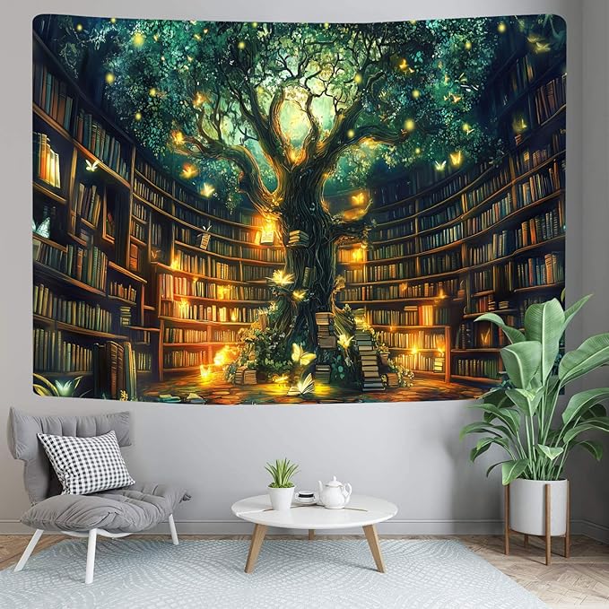 Fantasy Library Tapestry, Fairytale Tree Magic Bookshelf Aesthetic Tapestries for Classroom, Witchy Fairy Tree Mysterious Vintage Bookshelf Book Art Tapestry Wall Hanging College Room Bedroom, 60X40