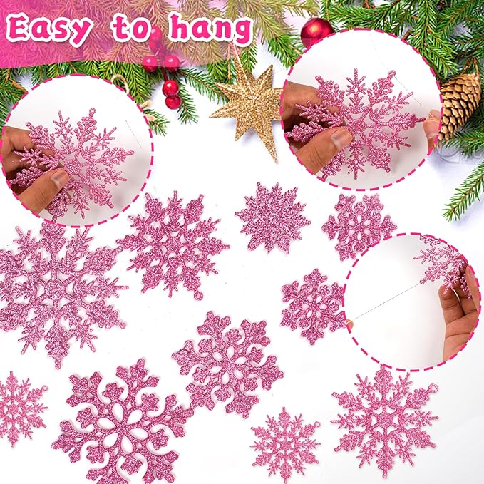 36pcs Christmas Light Pink Snowflake Ornaments Plastic Glitter Snow Flakes Ornaments for Winter Christmas Tree Decorations Size Varies Craft Snowflakes