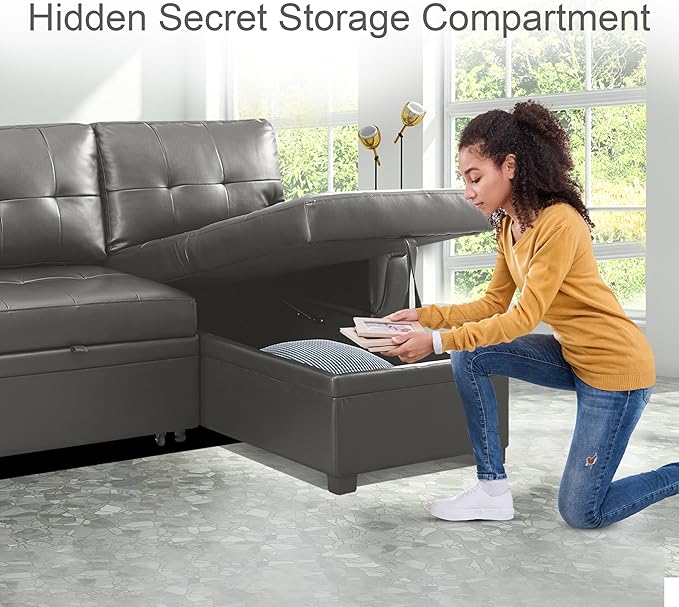 Naomi Home Modern Sectional Sofa with Storage Chaise Gray/Air Leather