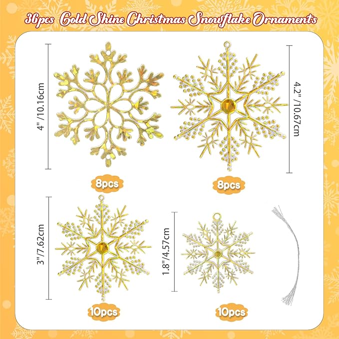 36pcs Gold Shine Christmas Snowflake Ornaments, Plastic Glitter Hanging Snow Flakes for Christmas Tree Decorations Winter Wonderland Frozen Birthday Party Holiday Home Decor