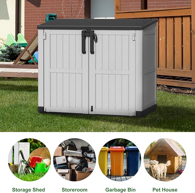 Outdoor Storage Shed Resin Tool Shed, 36 Cu Ft Waterproof Outdoor Horizontal Storage, Weather-Resistant Utility Shed with Air Vent for Trash and Lockable Doors, Garden Tools