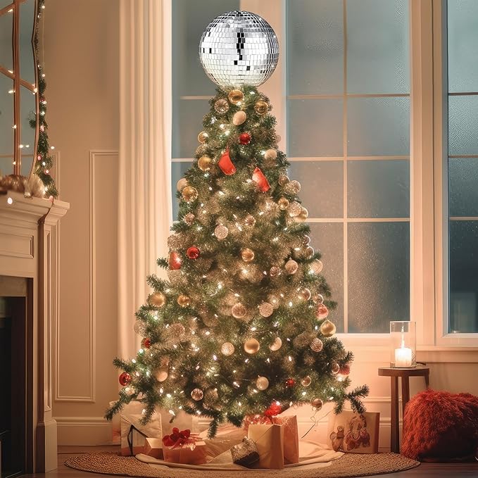Retisee 8'' Disco Ball Christmas Tree Topper Disco Mirror Ball Xmas Tree Topper 3D Hollow Silver Decor Ornament for 70s Holiday Wedding Birthday Party Decorations