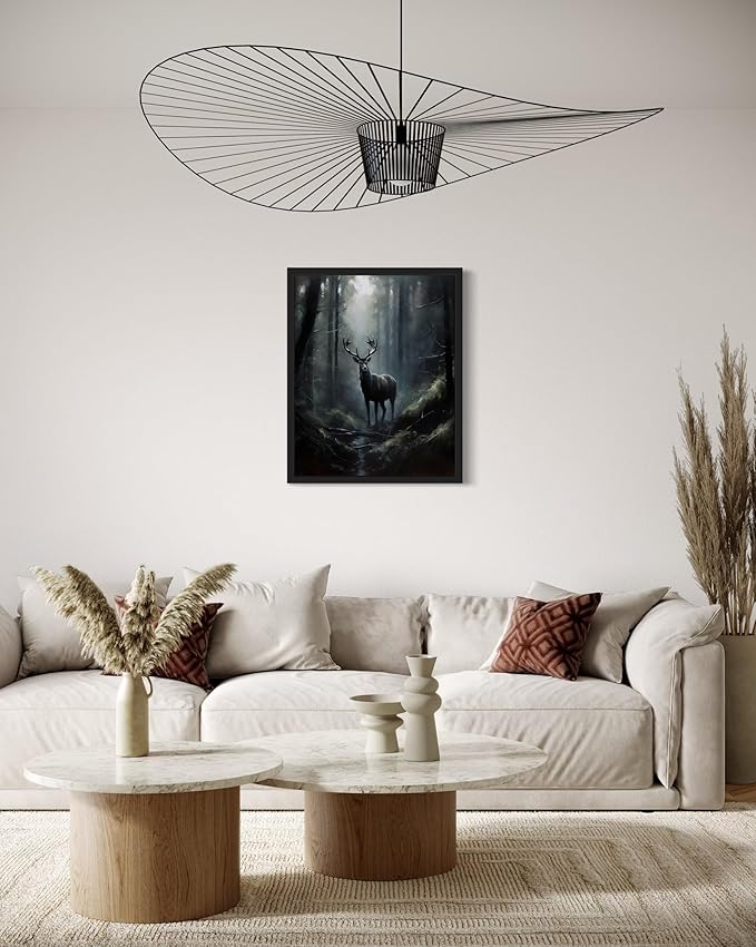 Deer in Forest Poster Art Print, Halloween Scary Vintage Wall Art Academia Spooky Painting Decoration for Horror Prints, Gothic Posters Bedroom Decor 89 (Deer in Forest, 8 x 10 inches, Black Frame)