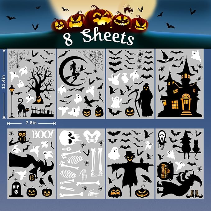 150 Pcs Halloween Window Clings Bats Witches with Cauldron Halloween Window Decoration | Large-Size Double-Side Skeletons Windo Clings Hallowee Party Decoration Reusable & Removable