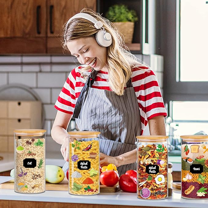 Glass Storage Jars 45 oz 4 Pcs Clear Glass Food Storage Containers with Airtight Bamboo Lid Stackable Kitchen Canisters for Candy, Cookie, Rice, Sugar, Flour, Pasta, Nuts