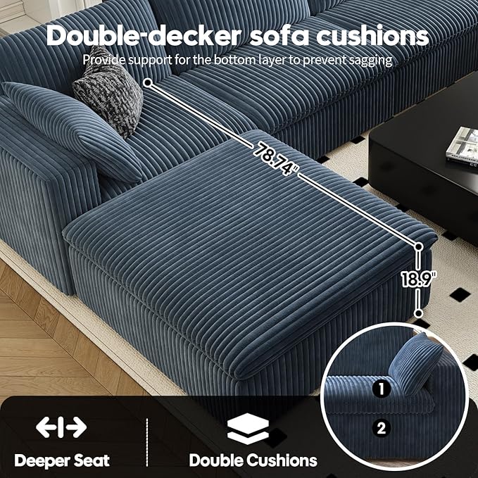 157.5" Cloud Couch Oversized Modular Sectional Sofa for Living Room,Modern Sofa with Deep Seat，8 Seater Boneless Couch with 2 Ottoman,Comfy Upholstered Couches for Apartment, Studio, Office,Blue