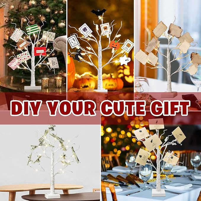 EAMBRITE Christmas Tree with Gift Cards, Money Tree Gift Holder, White Lighted Birch Tree Tabletop 2 FT 24 LED, Light Up Display Twig Gift Card Tree with 8 Clear Clips for Home Christmas Decorations