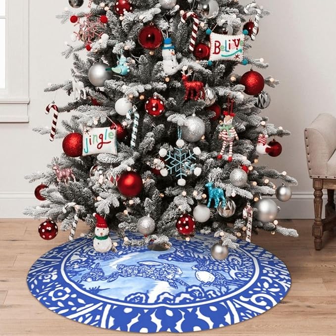 48" Large Christmas Tree Skirt Blue Oriental Rabbit Whimsical Pattern Tree Mat Base Cover for Xmas Festive Holiday Party Decoration Ornaments