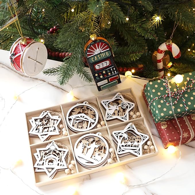 18Pcs Nativity Christmas Tree Ornaments Set, Wooden Nativity Scene Ornament, Religious Gift for Christian Family Christmas Decoration