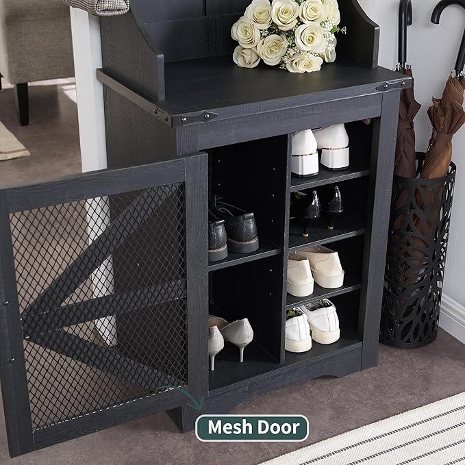 JXQTLINGMU 23" Farmhouse Hall Tree with Shoe Storage, Entryway Bench with 6 Cubbies, 5 Hooks & Barn Doors, Mudroom Coat Rack Cabinet, Black