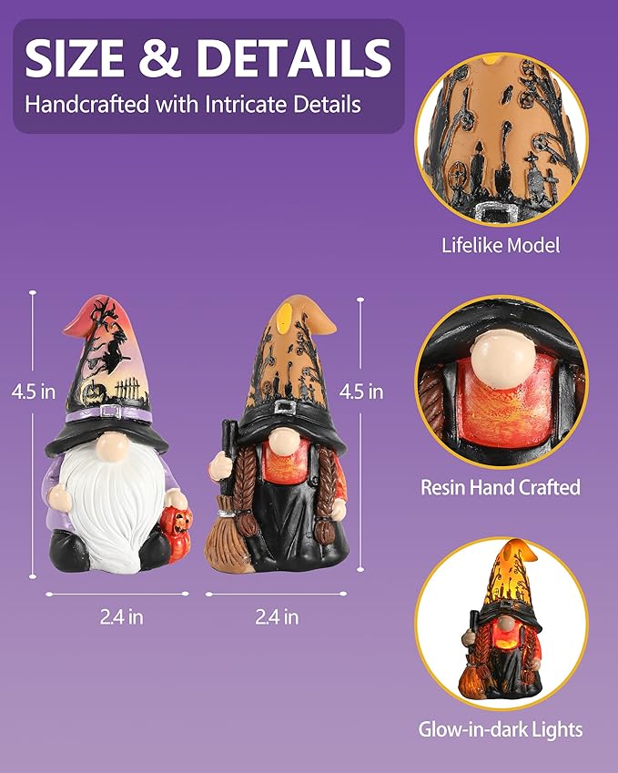 Halloween Gnomes and Witch Figurines - 2Pack Lights Up Fall Gnome Ornaments - 4.5'' Resin Indoor Halloween Decor for Women (Gnomes)