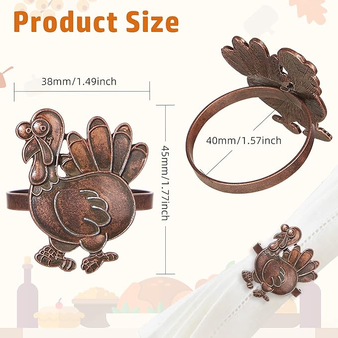 Halatool 6 PCS Thanksgiving Day Bronze Turkey Napkin Ring Funny Metal Festival Napkin Holders for Dinner Table Party Decoration