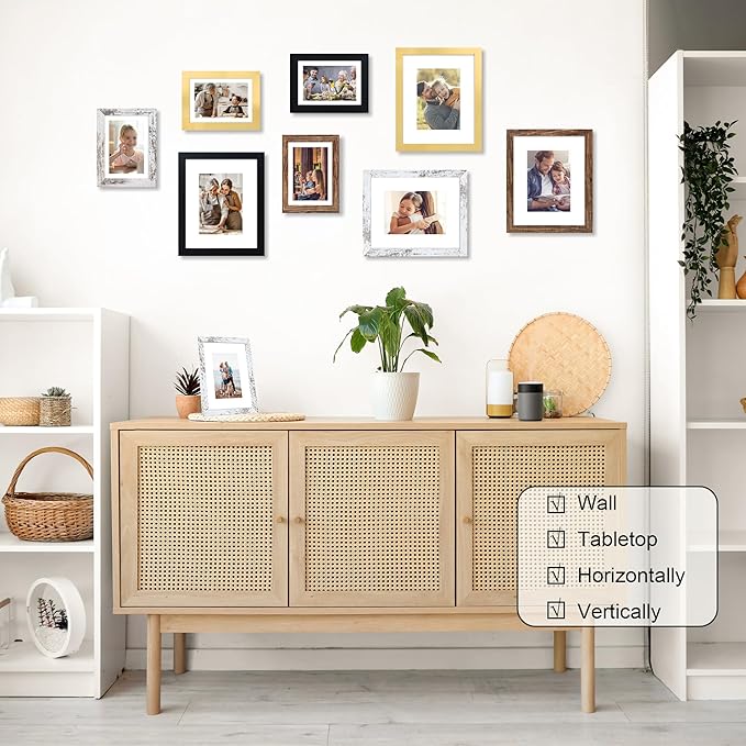 8x10 Picture Frame Set of 4, 8 x 10 Wood Photo Frames with Mat for 5x7, Wooden Frame with Real Glass Cover for Wall and Tabletop Display,Black