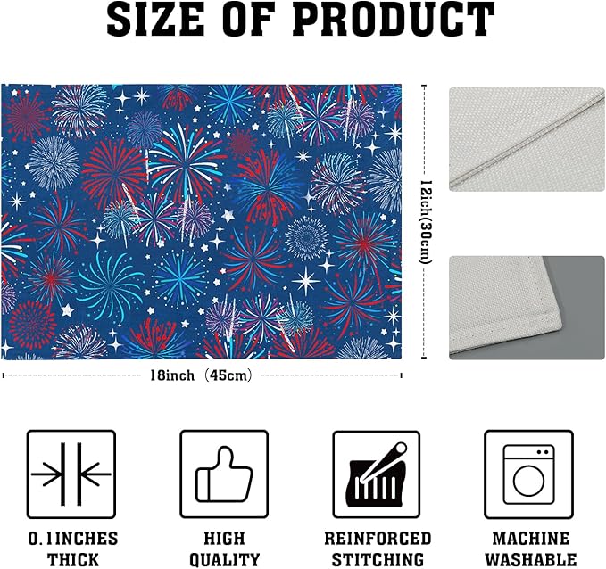4th of July Placemats Set of 4 Patriotic Red and Blue Fireworks Washable Non-Slip Heat Resistant Place Mats 12x18 Inch Memorial Day Independence Day Table Mats