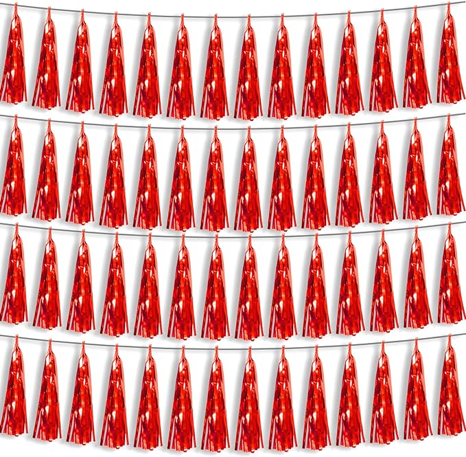 4P Red Foil Fringe Metallic Tassel Streamers Banner Tassel Garland for Parade Floats, Bachelorette, Wedding, Birthday, Halloween, Christmas, Bridal/Baby Shower Party Decorations