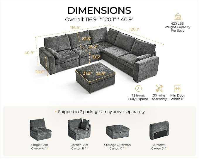 Oversized Modular Sofa Comfy Cloud Couch with Storage, Extra Deep Plush Sectional Sofa Set for Living Room, Covers Washable, Chenille, Olar (Grey, 6-seatser with Corner & Ottoman, v-Shaped)