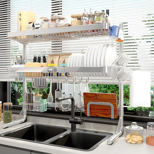VNKZI Over Sink Dish Drying Rack, 3 Tier Full Stainless Steel Storage Adjustable Length (25.98'' to 36.61'') Kitchen Rack, Multifunctional Expandable Counter Organizer, Space Saver Dish Rack