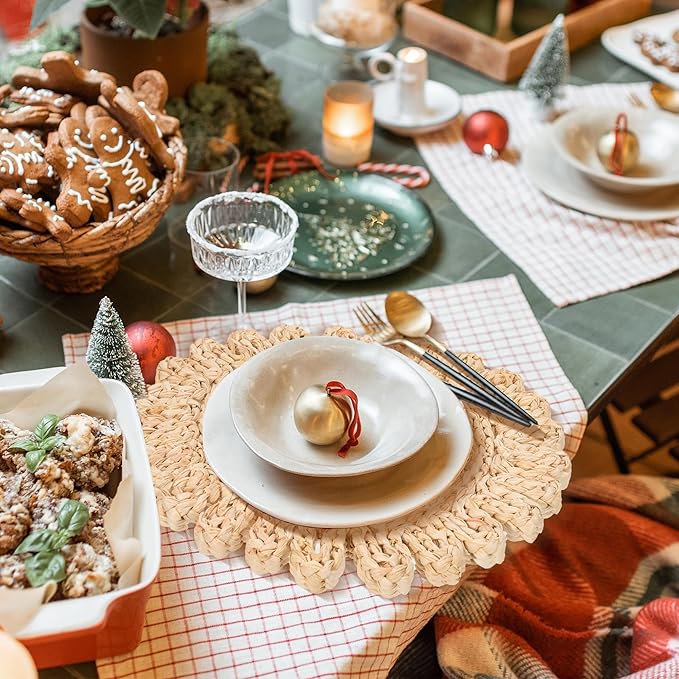 GENMOUS 13" Round Woven Placemats Set of 12, Corn Husk Natural Braided Table Place Mats, Boho Rattan Wicker Charger Plates for Home Farmhouse Wedding Thanksgiving Christmas Spring Holiday