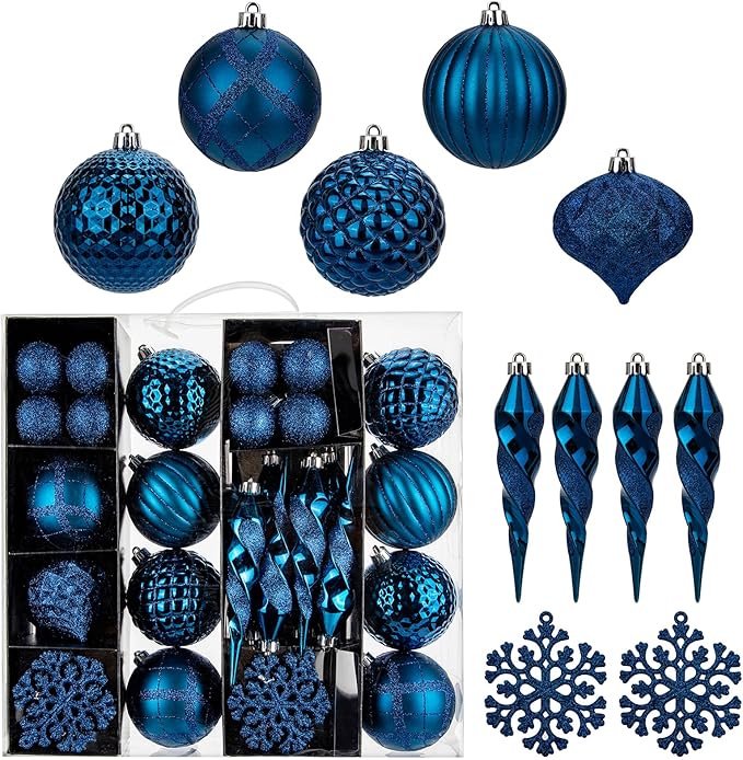 50PCS Christmas Tree Ornaments Set with Shatterproof Balls Icicle Snowflake Hanging Ornaments for Home Office Farmhouse Christmas Decorations, Dark Blue