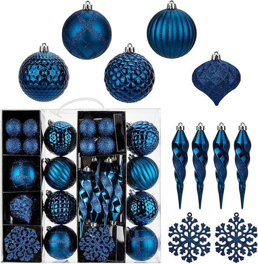 50PCS Christmas Tree Ornaments Set with Shatterproof Balls Icicle Snowflake Hanging Ornaments for Home Office Farmhouse Christmas Decorations, Dark Blue