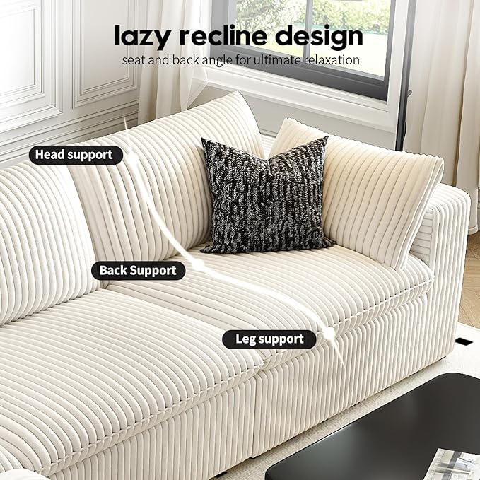157.5" Cloud Couch Modular Sectional Sofa for Living Room,Modern Sofa with Deep Seat，L-Shape Boneless Couch with Ottoman,Comfy Upholstered Corduroy Couches for Apartment, Studio, Office,Bedroom，White