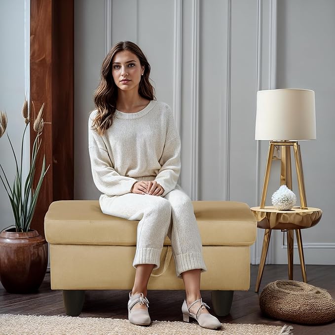 Ottoman Rectangular Storage Ottoman Bench, Flannel Footrest Stool Footstool with Lid for Living Room, Bedroom, Entryway, Light Brown, 28.5"x19"x17.5"