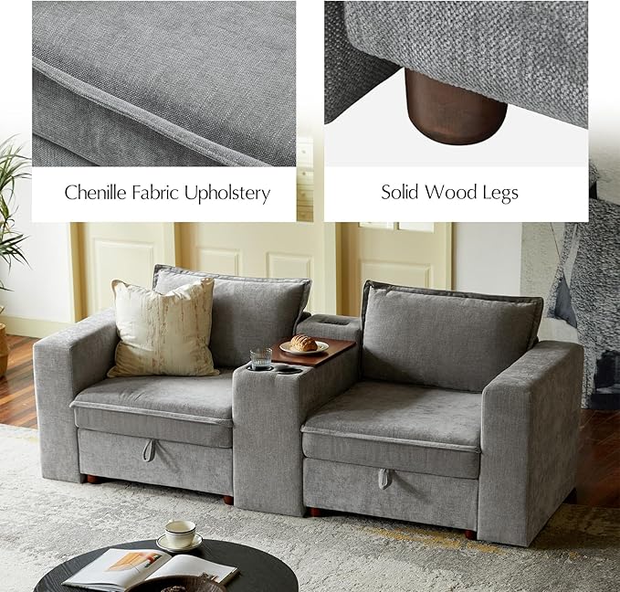 HULALA HOME Modular Sectional Sofa with USB Port and Console, 6 Seater Sofa with Storage Ottoman, Oversized U Shaped Couches for Living Room, FSC Certified, Grey