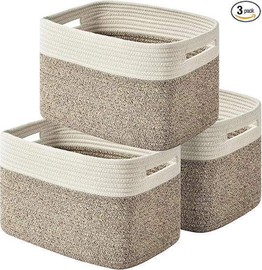 Storage Basket,Woven Baskets for Storage,Cotton Rope Baskets for Organizing,book Basket,towel,Toy Basket or Storage Bins for Living Room - 3 Pack,Brown