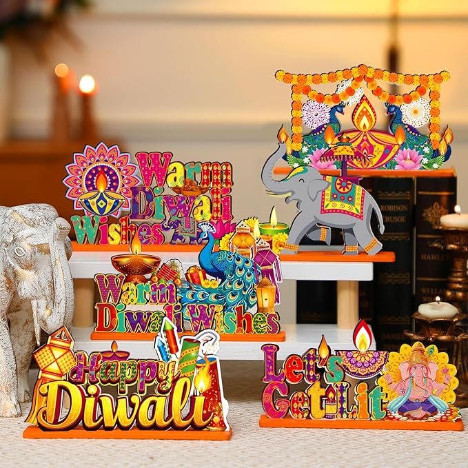 6 Pcs Diwali Wooden Table Centerpiece Warm Diwali Washes Wooden Table Sign Festival Candle Elephant Peacock Signs Farmhouse Wood Tabletop Decor for Home Party, 6 Styles