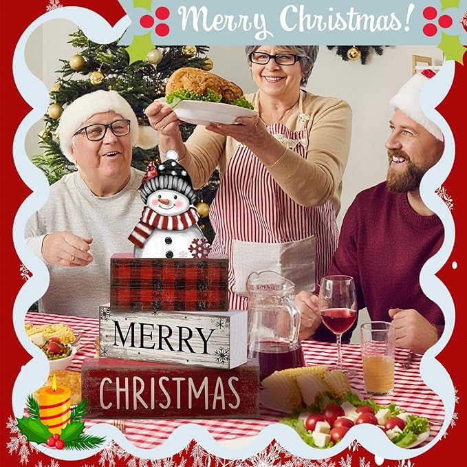 4 Pcs Christmas Table Decoration Wooden Snowman Christmas Tiered Tray Decor Red Buffalo Plaid Block Signs Snowman Table Centerpiece Farmhouse Winter Decoration for Home Kitchen Shelf