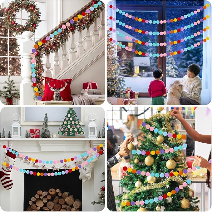4 Pack Colorful Pom Pom Garland, 26.5 Feet Long Felt Ball Rainbow Banner, 30 Balls 10Color Felt Ball Garland for Christmas Tree Decoration Party Hanging Decor