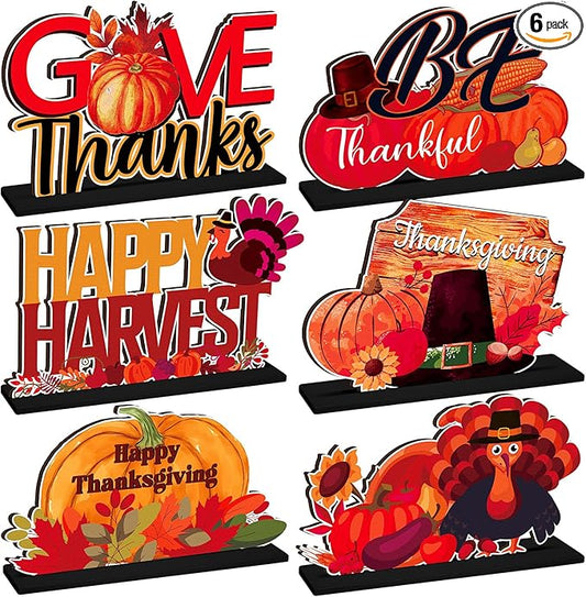 6 Pcs Thanksgiving Wooden Table Decorations Happy Harvest Party Supplies Thanksgiving Turkey Pumpkin Table Centerpieces for Home Indoor Give Thanks Be Thankful Holiday Party Decor