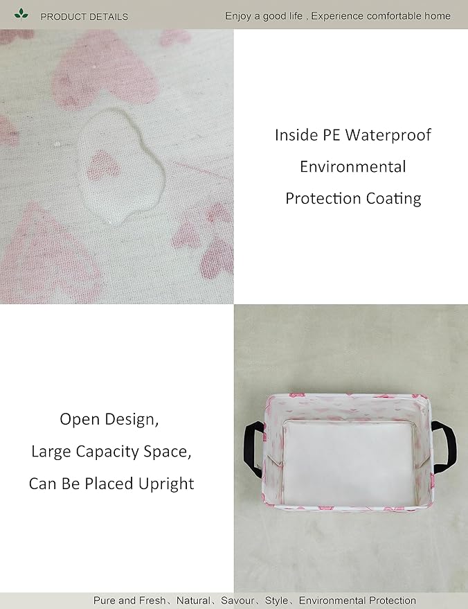 Rectangular Folding Laundry Basket,waterproof Canvas Basket,gift basket,Suitable for children's room,Office,Clothes,Toys Storage(Pink Love)
