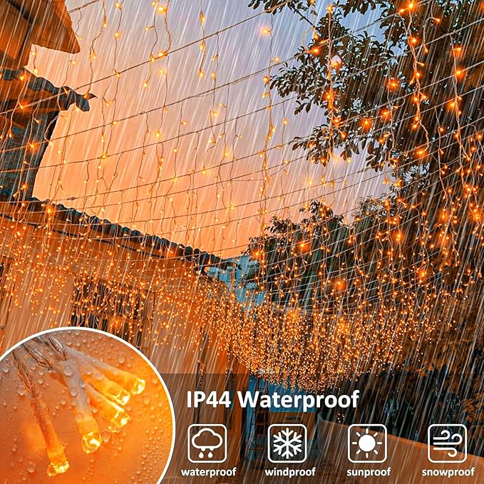 Orange Halloween Lights Outdoor, 66FT 640 LED Icicle Lights for Outside with 8 Modes Timers, Waterproof Plug in Twinkle String Light for House Yard Eave Patio Party Holiday Decorations