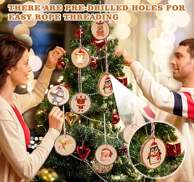 30 PCS Natural Unfinished Wood Crafts, 2.7" - 3.1" WoodRounds with Hole, Wood Ornaments WoodCircles for Crafts Doodle, Splice, Paint, Art, Decorate