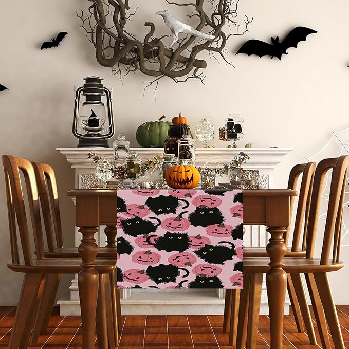 Halloween Table Runner Black Cat Pink Pumpkins Seasonal Kitchen Dining Table Home Outdoor Party Decorations 13x108 Inch