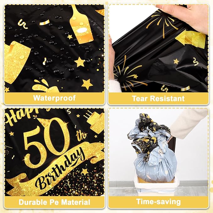3 Pack 50th Birthday Tablecloth, Plastic Black Gold Table Cloths 50th Birthday Table Cover, Disposable Rectangle Table Cloths for Birthday Party Decorations, 54x108