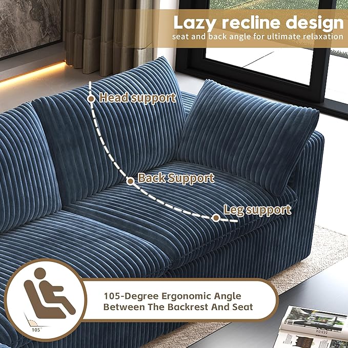 157.5" 4-Seater Cloud Sofa,Modular Sectional Couch,Modern Deep Seat Upholstered Couches with Plush Corduroy Fabric for Living Room Furniture,Bedroom and Apartment,No Assembly Required,Blue