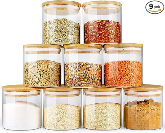 Glass Jars with Bamboo Lids (16oz in 9 Pack), Food Jars and Canisters Sets with lids, Food Storage Jars with Airtight Lids, Glass Pantry Jars