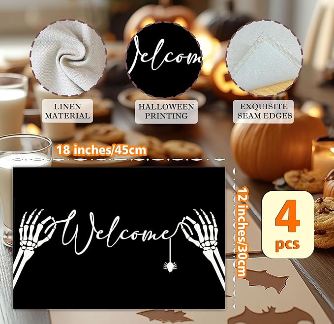 Halloween Skeleton Placemats Set of 4, 12x18 Inch Welcome Decorative Table Mats, Washable Heat Resistant Place Mats for Kitchen Dining Table, Spooky Themed Decoration for Home-B12