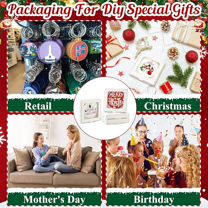 50 Pcs Sublimation Ornament Blanks Box 3.6"x3.6"x0.7" Christmas Ornaments Holder Ceramic Discs Packaging Box with Window for Personalized Xmas Tree Blanks Bulk (White)