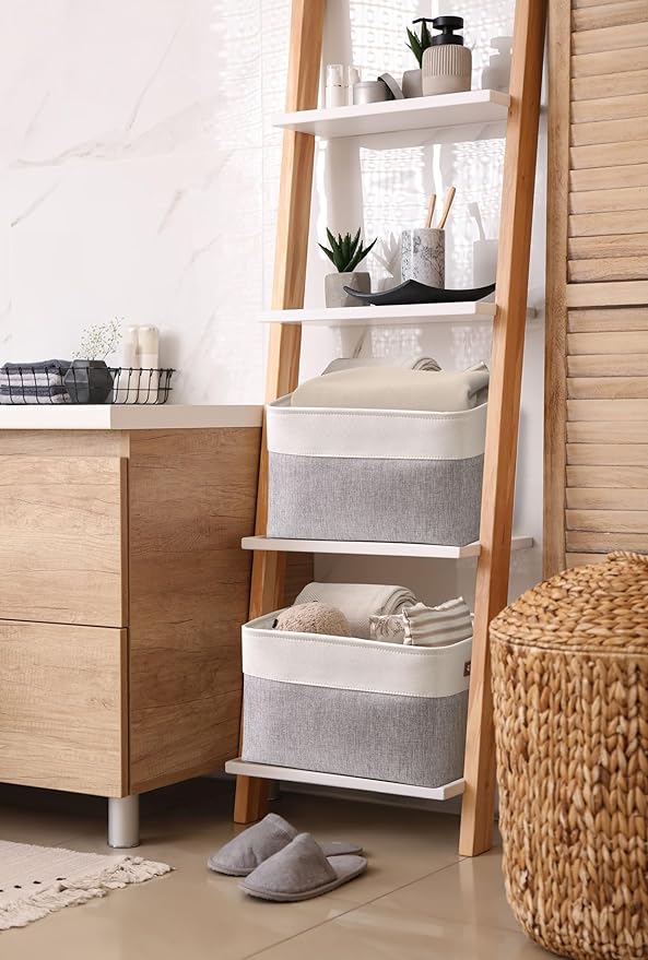 DECOMOMO Storage Baskets for Shelves - Fabric Closet Organizers and Storage Bins, Perfect Baskets for Organizing Closet Toys Nursery (Grey and White, Large - 4 Pack)