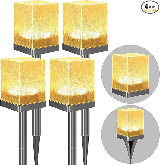 4 Pack Solar Pathway Lights Outdoor, Waterproof Ground Light Featuring Crystal-Clear Ice Brick Aesthetic, Multi-use Landscape Decoration Lighting Solar Powered Garden Lawn Lamp (Warm White)