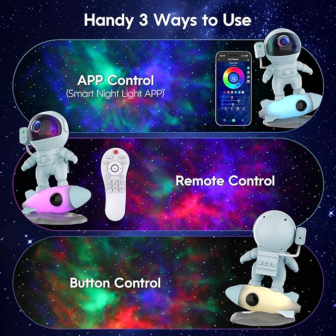 Astronaut Galaxy Projector, Star Projector Rocket Night Light for Kids Room, 360° Adjustable Magnetic Head, Bluetooth Speaker, Timer, White Noise with Remote APP Button Control Idea for Gift